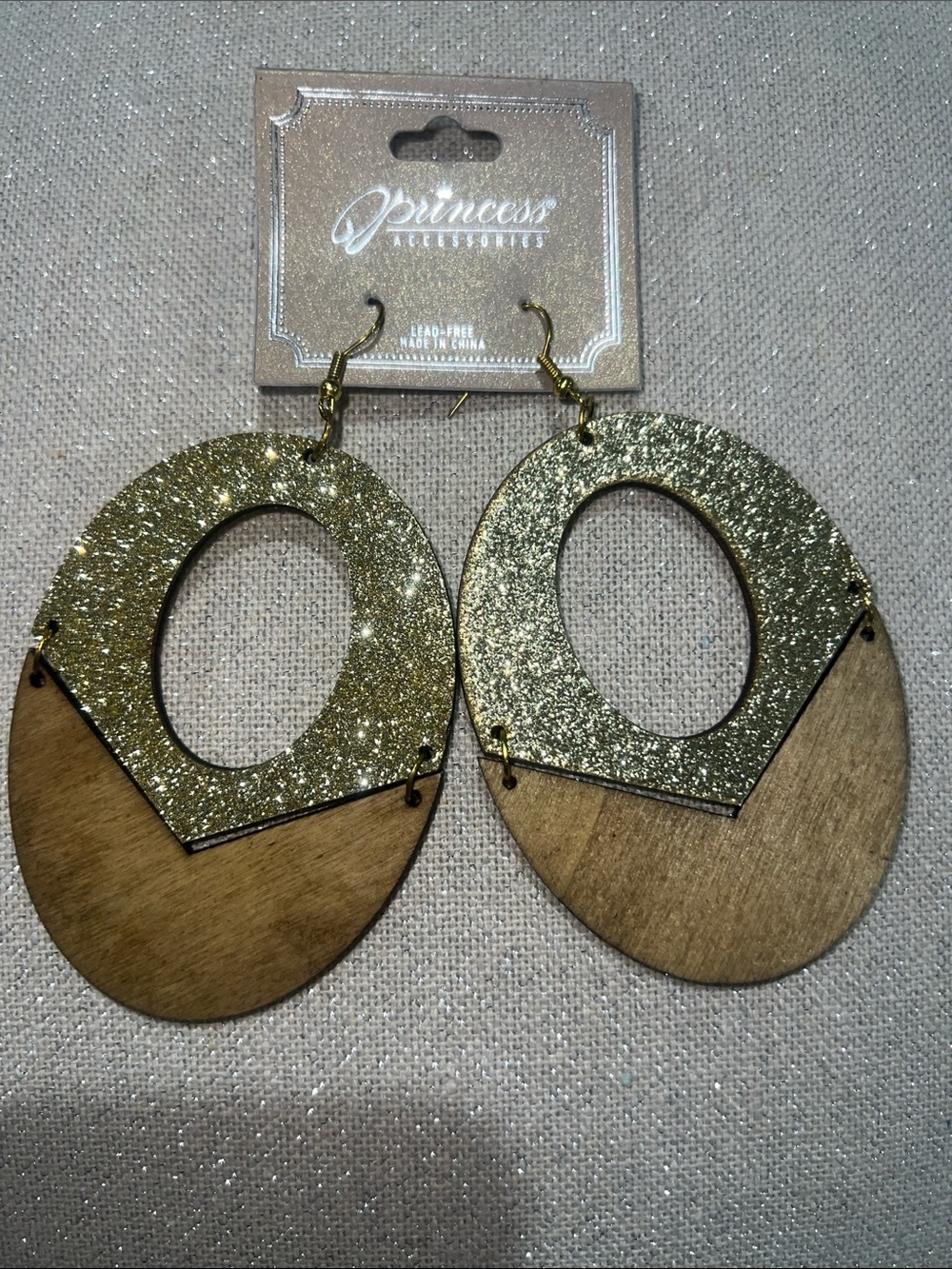 Princess Accessories Gold Glitter & Wood Oval Drop Earrings